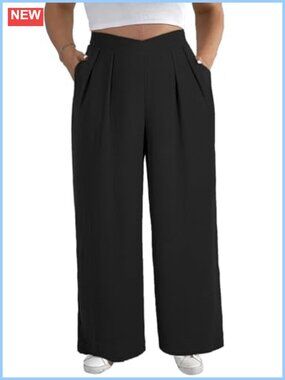 Plus Size Wide Leg Work Pants High Waist Pleated Palazzo Trousers